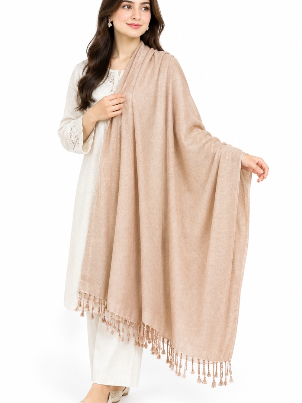 Women's Beige pashmina Tassel Shawl Wrap - Lightweight Cozy Scarf